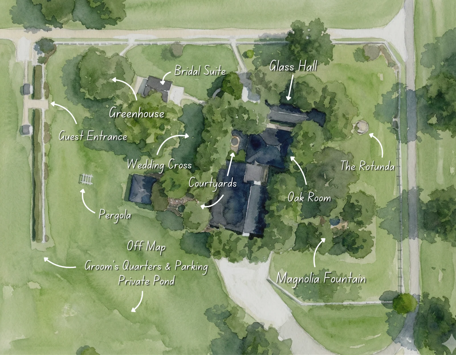 Watercolor estate illustration showing Magnolia Fountain, the courtyards, Oak Room, Glass Hall, rotunda, pergola, and preparation spaces.